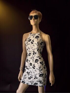 VINTAGE OLEG CASSINI BLACK TIE BEADED IVORY AND BLACK SILK COCKTAIL DRESS SZ 6P